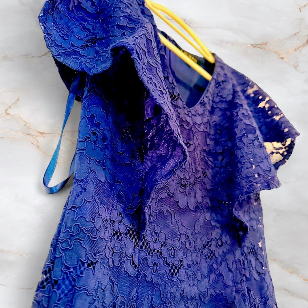 Lauren Ralph Lauren Blue Lace Cocktail Dress Flutter Sleeve Sheath Size 0 - Picture 3 of 8